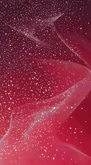 A vibrant abstract design featuring sparkling particles on a flowing red background.
