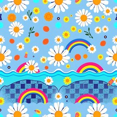 Summer Daisy Rainbow Pattern: Cheerful seamless pattern design featuring daisies, rainbows, and wavy ocean elements on a light blue background. Perfect for textiles, kids' fashion.