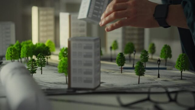 A person uses a pencil to sketch plans on a scale model of an urban landscape, complete with trees and buildings, focusing intently on design details in a well-lit workspace