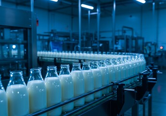 Milk Bottles Moving on a Conveyor Belt in a Dairy Processing Plant