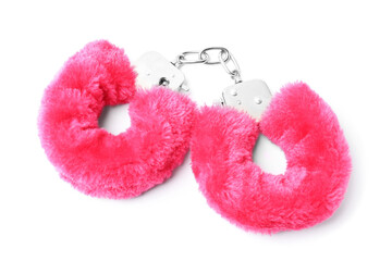 Bright fluffy handcuffs isolated on white. Sex toy
