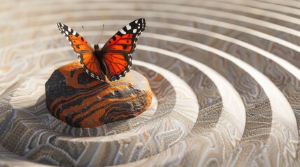 Fototapeta na wymiar Orange butterfly resting on a stone in a circular pattern.
