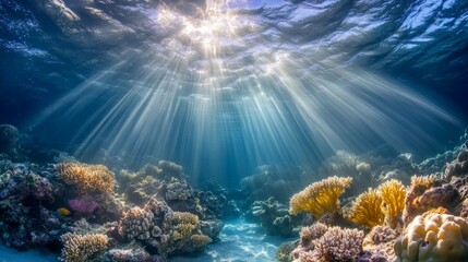 Sunbeams Illuminate Vibrant Underwater Coral Reef Scene