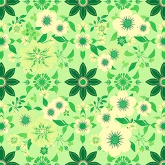 Green Floral Pattern: A vibrant and cheerful seamless pattern of green and white flowers on a pastel green background. Perfect for adding a touch of nature to any design project. 