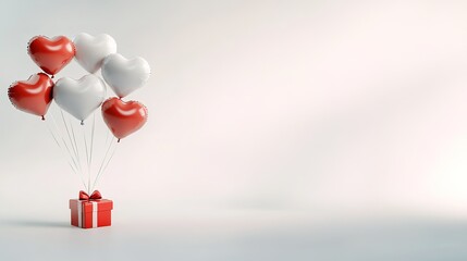 Red and white heart balloons tied to gift box on blank background