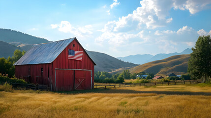 Obraz premium Red Barn in Golden Field, Mountain Landscape Illustration