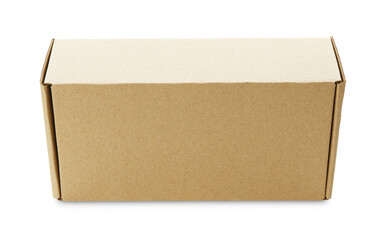 One closed cardboard box isolated on white. Mockup for design