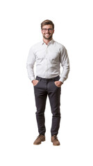 Fototapeta premium A blond man with short hair, wearing a white shirt, dark trousers and brown shoes, stands with his hands in his pockets and smiling.