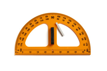 Protractor ruler and chalk isolated on white, top view