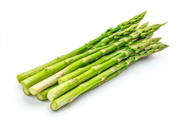 A bunch of fresh green asparagus neatly arranged on a white backdrop