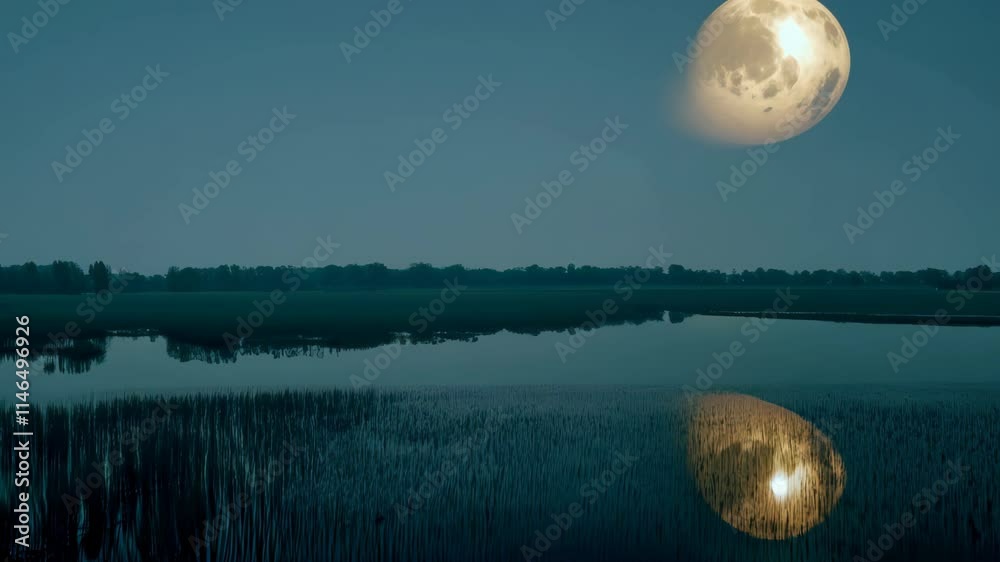 Poster beautiful moonlit reflection over a tranquil marsh at dusk creates a serene atmosphere