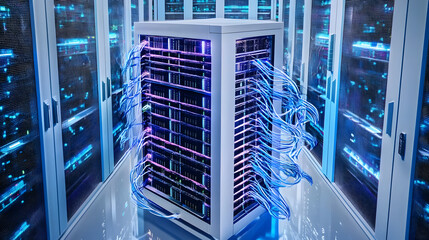 Obraz premium White and blue abstract network on server room data center 3D rendering, connection network data center room storage systems.