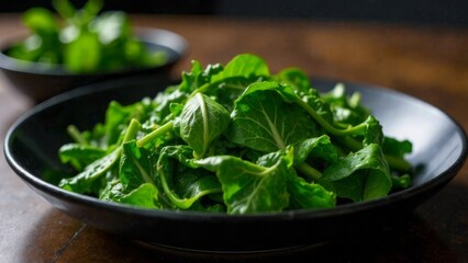 Fresh green spinach leaves in black bowl on wooden table