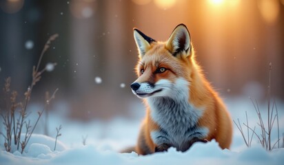 Fototapeta premium A close-up of a fox in a snowy forest, with its fur detailed in sharp focus, contrasted against the soft, white snow and bathed in the golden light of dusk