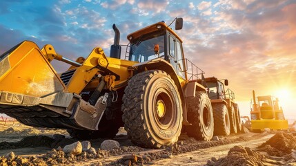 Obraz premium Bulldozers at Sunrise on Construction Site