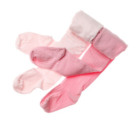 Pink child's tights isolated on white, top view