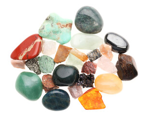 Naklejka premium Pile of different natural mineral stones isolated on white, top view