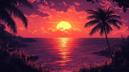Tropical Sunset Over Ocean Palm Trees