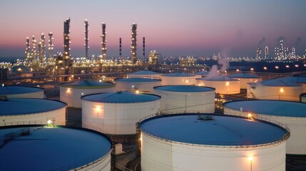 Naklejka premium Industrial Oil Refinery with Storage Tanks at Dusk