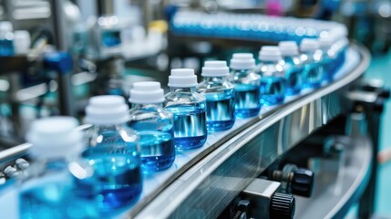 Fototapeta premium Bottling Line of Blue Liquid Products in a Modern Factory