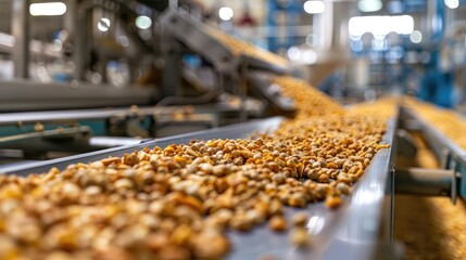Nuts Moving on Conveyor Belt in Production Facility