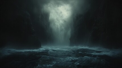 Obraz premium Dark Ocean Passage Between Misty Cliffs at Night