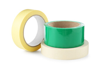 Rolls of adhesive and masking tape isolated on white