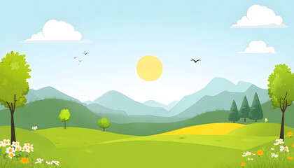 Fototapeta premium Sunny Day Landscape with Rolling Green Hills and Trees