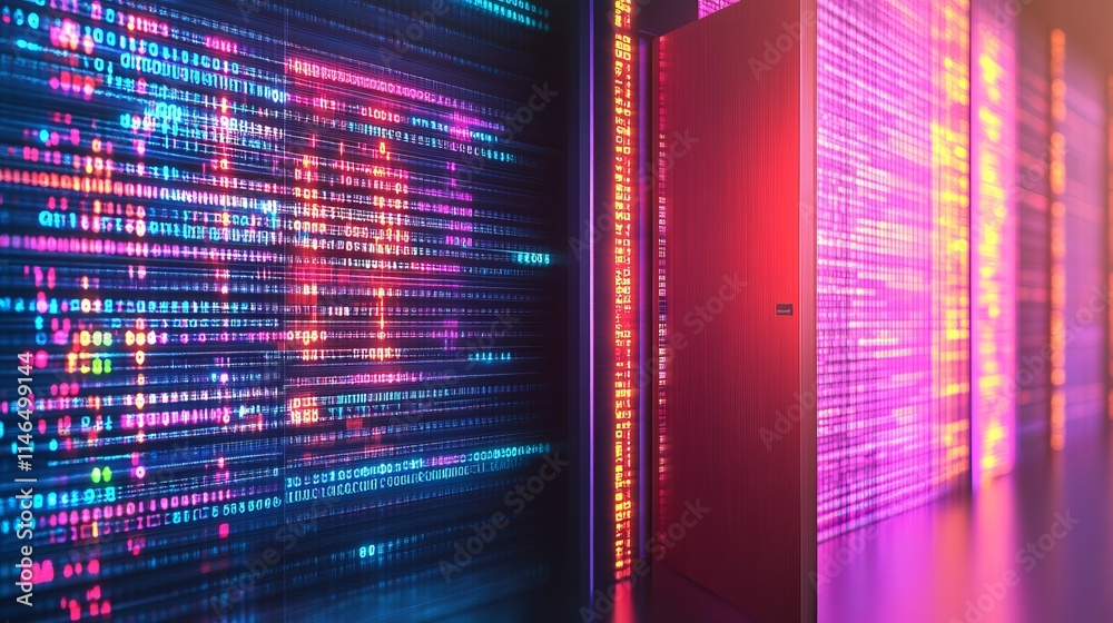Poster data center server room with glowing binary code walls