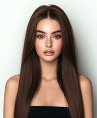 Naklejka premium Beautiful woman with long straight dark brown hair and delicate makeup