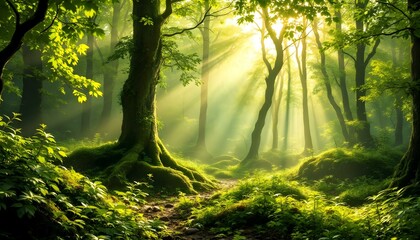 Obraz premium Mystical Forest Scene with Golden Sunbeams Filtering Through Fog and Trees in Natural Environment