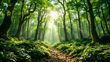 Obraz premium Enchanted Forest Landscape with Brilliant Sun Rays Piercing Through Trees onto Lush Green Undergrowth