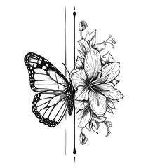 Elegant Silhouette Of A Black And White Butterfly With Flower Vector Illustration