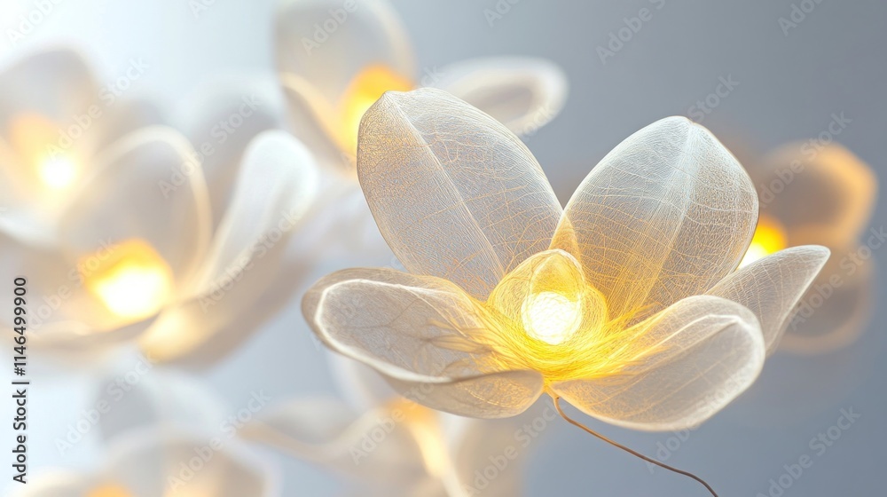 Poster delicate illuminated flowers with a soft glow, creating a serene ambiance.
