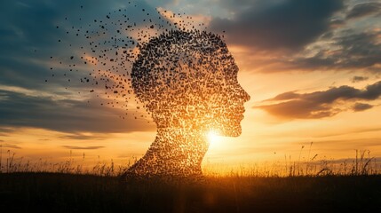 Silhouette of a Human Head Disintegrating at Sunset with Sky Background