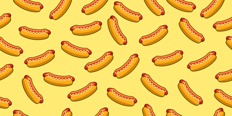 Vector seamless pattern with hot dog. Hot dog cartoon retro with mustard and ketchup seamless background