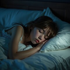 Serene Sleep of a Woman in Moonlit Bedroom