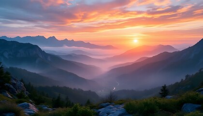Obraz premium Breathtaking Mountain Range Landscape with Dramatic Sunset Sky and Misty Valley Views 