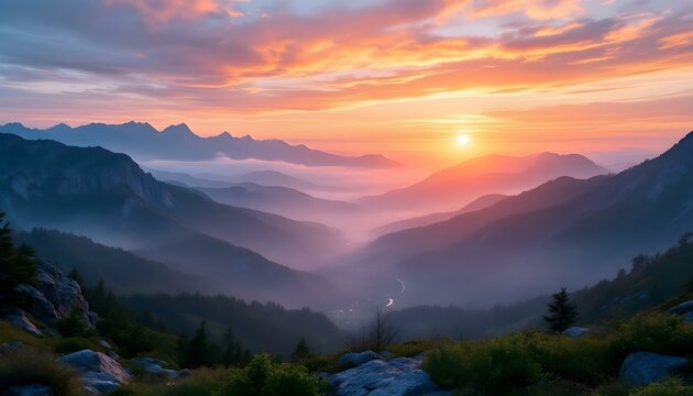 Breathtaking Mountain Range Landscape with Dramatic Sunset Sky and Misty Valley Views
