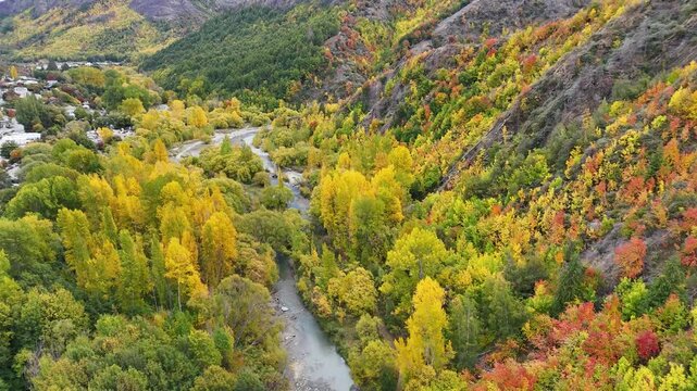 Aerial view of a forest during autumn season in Arrowtown, New Zealand.