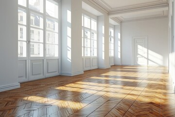 Obraz premium New Apartment Living: Emptiness and Modern Wooden Floor