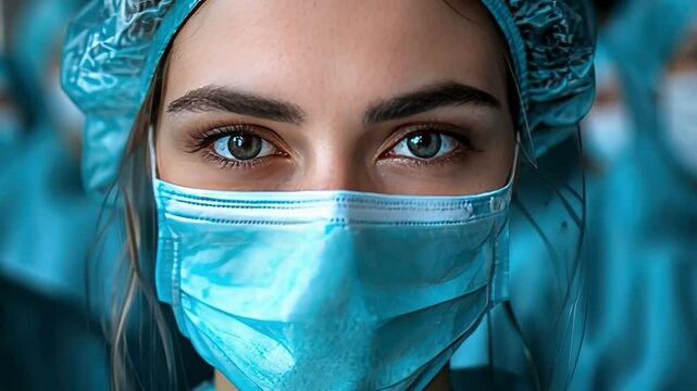 The Strength in Her Eyes: A close-up portrait of a female healthcare worker, her piercing blue eyes peering through a surgical mask, a symbol of resilience, care, and determination.  