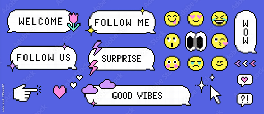 Wall mural pixel speech bubble messages. like, welcome, follow social media web interface button, sticker or ba