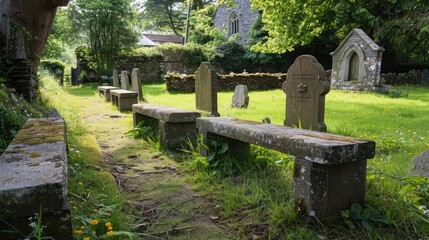 Naklejka premium Serene Graveyard Pathway Surrounded by Nature's Embrace