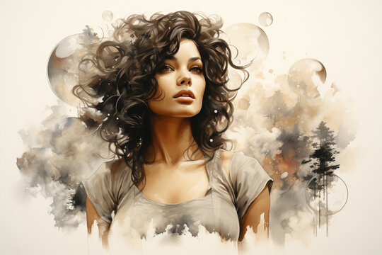 Watercolor painting with a girl, sepia, 
