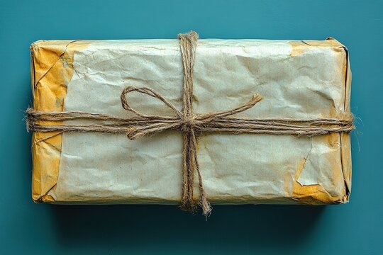 Rustic package tied with twine on teal background.