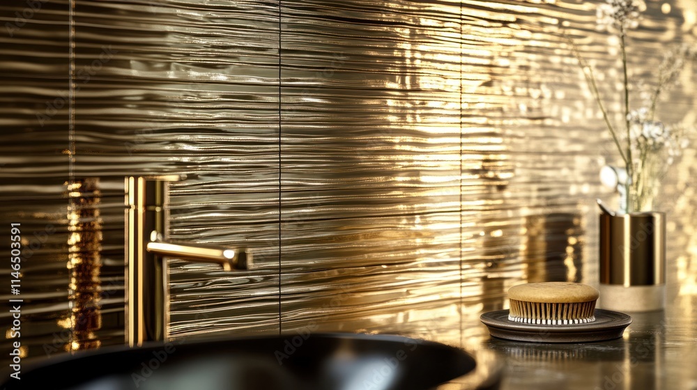 Poster elegant bathroom setting with textured golden tiles and minimalistic decor.