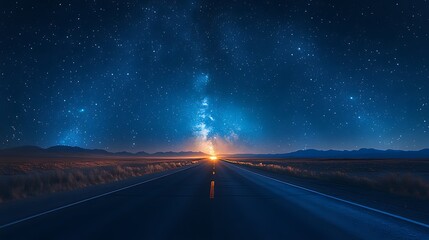 Night road leading to bright Milky Way galaxy under starry sky.