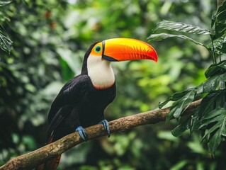 Naklejka premium Toucan with a bright beak sitting on a branch in the jungle. 