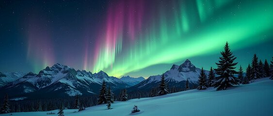 Majestic Aurora Borealis illuminates snow-capped mountains and evergreen forests under a starlit sky. A breathtaking winter spectacle!